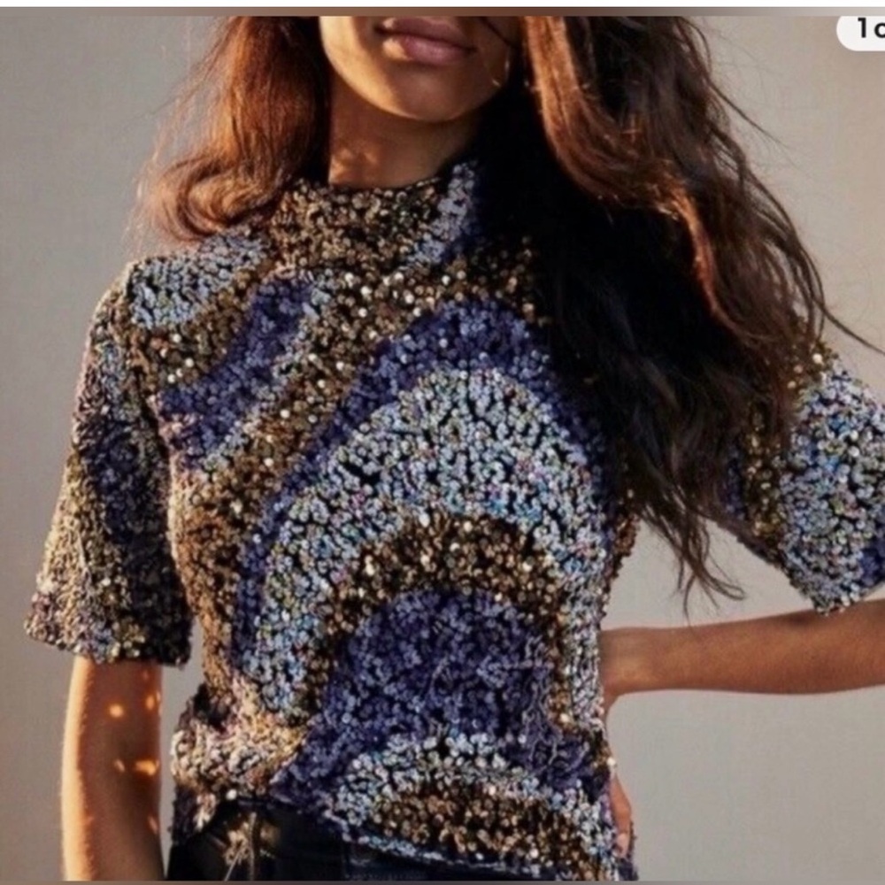 Anthropologie Maeve Maribella short-sleeve sequined mock-neck top.Size Small